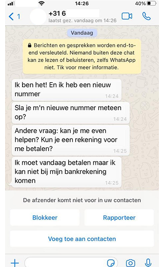 Voorbeeld van WhatsApp-fraude